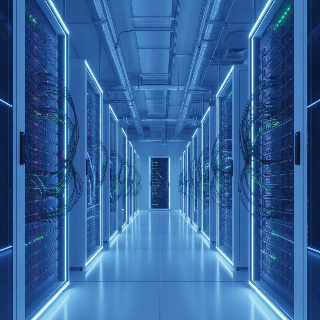 Modern cloud hosting infrastructure with glowing server racks,