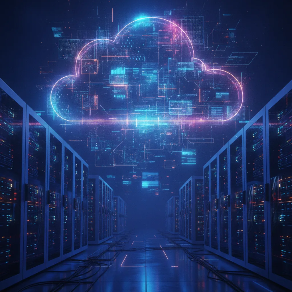 realistic photo representing cloud hosting, glowing cloud infrastructure