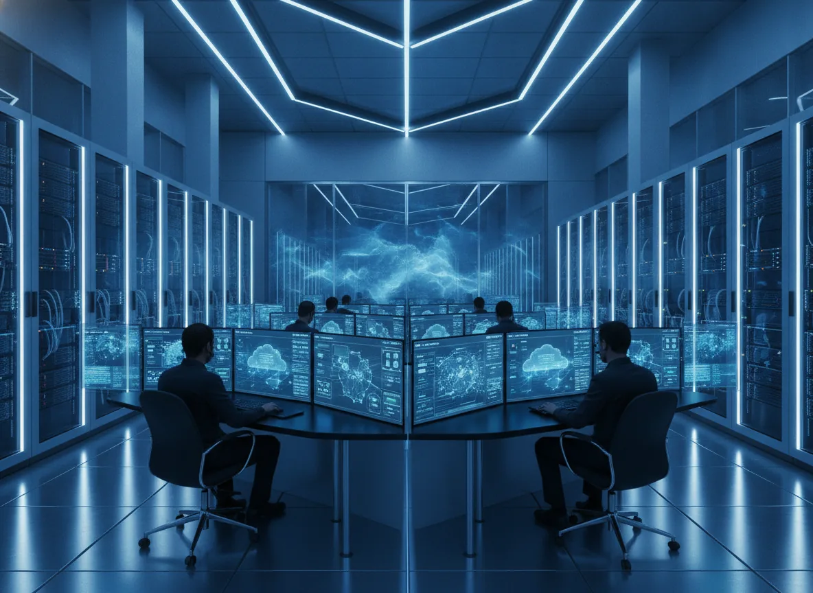 Modern web hosting control room with server racks,